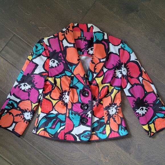 Cotton Floral Jacket Blazer Size 4 Bright Colors Pink Orange Turquoise Office - Picture 10 of 10